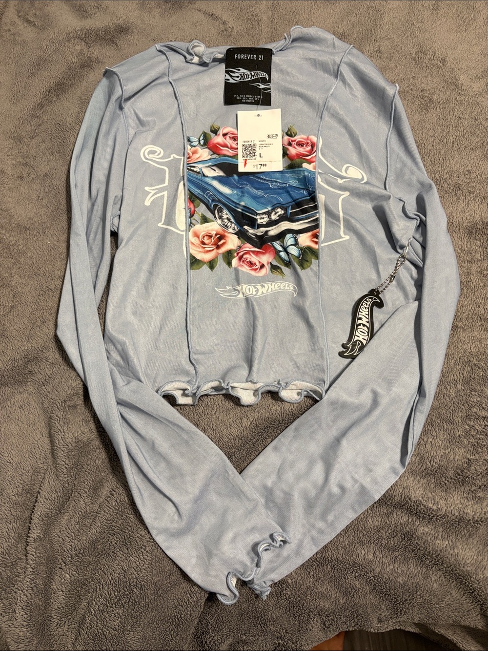 Forever 21 Light Blue Graphic Cropped Long Sleeve Top